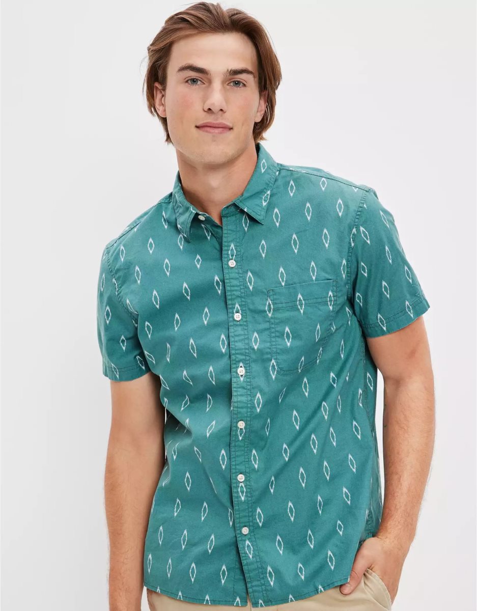 Hauts Flanelle American Eagle AE Printed Button-Up Resort Shirt Turquoise Homme | HZG-16942817